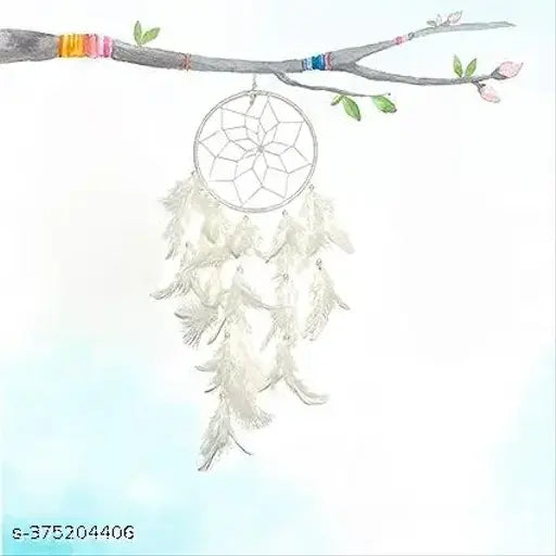 Handmade white dream catcher, thread, feathers, beads. For home office energy balancing (approx height 30 cm)