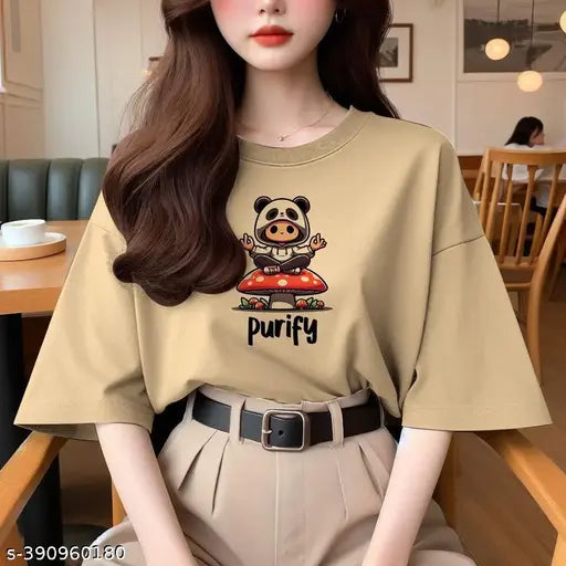 Cotton Women's Oversize Purify T-shirt with three-quarter sleeves, printed net design, available in S-XXXXL sizes