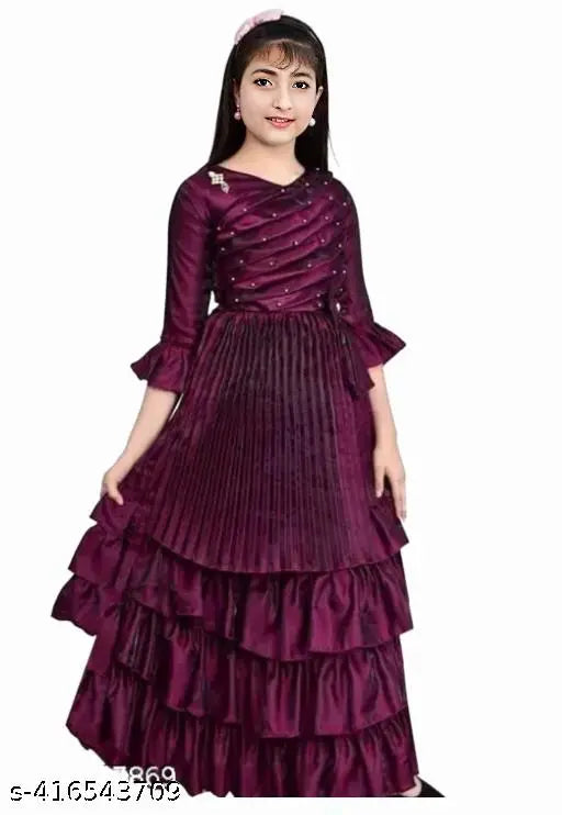 Purple silk ethnic grown dress for girls aged 4-11, soft and smooth blend fabric, perfect for parties, weddings, or any occasion