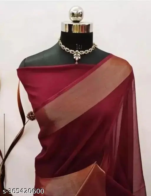 Chiffon South Indian golden zari weaving saree for women, free size, 5.1m length