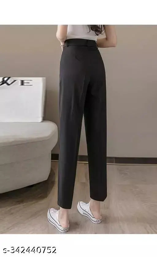 Cotton Lycra high waist trousers with pockets, solid net by Anara Fashion - women's import casual wear, perfect fit for 28-36 inches (waist & hip)