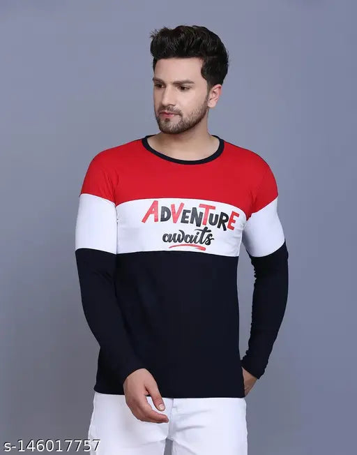 Red cotton blend color block printed men's full sleeve t-shirt (SL0022R), trendy style, bio-dyed, confident fit