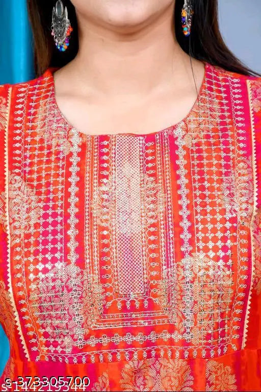 Red rayon three-quarter sleeve Anarkali kurti with gold print, popular Indian women's fashion