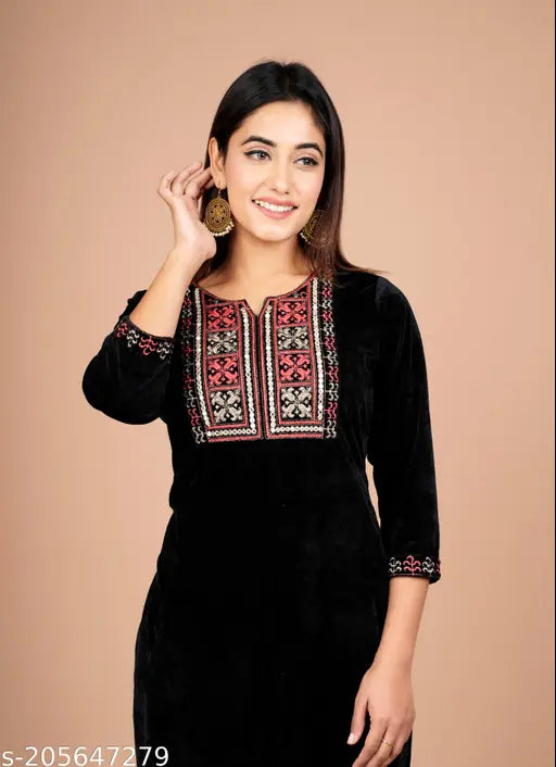 Black velvet kurta with embroidered yoke design, three-quarter sleeves, women's winter wear from India