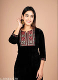 Black velvet kurta with embroidered yoke design, three-quarter sleeves, women's winter wear from India