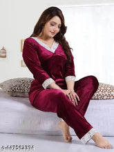 Velvet white shining lace night suit, trending from ParvTraders. Ideal winter pajama sleep wear for girls and women