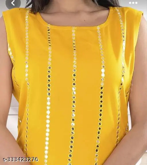 Rayon striped net yellow kurta set with sharara bottomwear, three-quarter sleeves. Indian fashion clothing for sizes S to XXXL