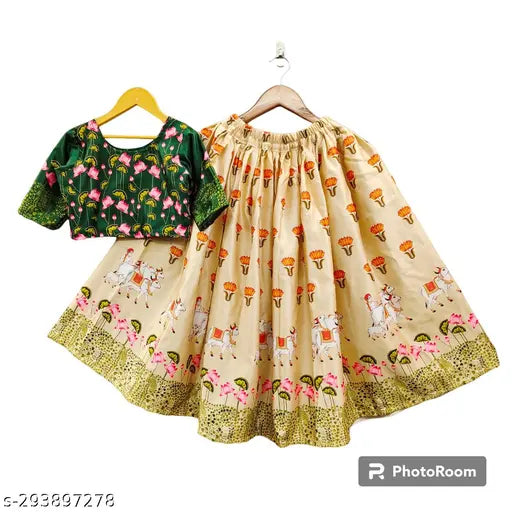 Printed satin floral kids lehengha choli for girls aged 5-10 years