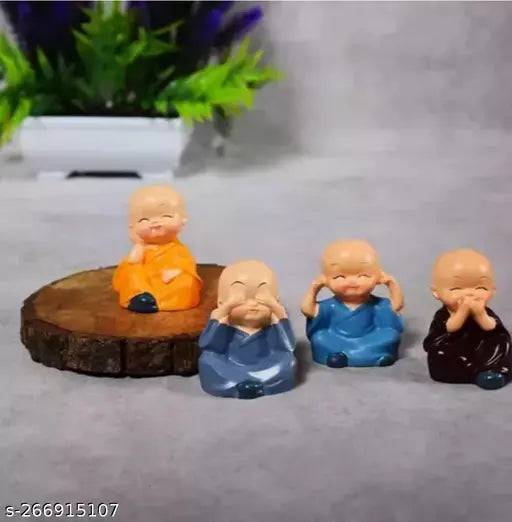 Resin Monk Buddha set (4 pieces), handcrafted home decor with a height of 4.5 cm, ideal for Feng Shui and gifting
