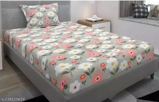 Grey, breathable cotton floral printed elastic fitted single bedsheet with king size pillow cover, ideal for summer and adult use. Comfort Home quality, superfine print, gentle hand/machine wash. Made in India