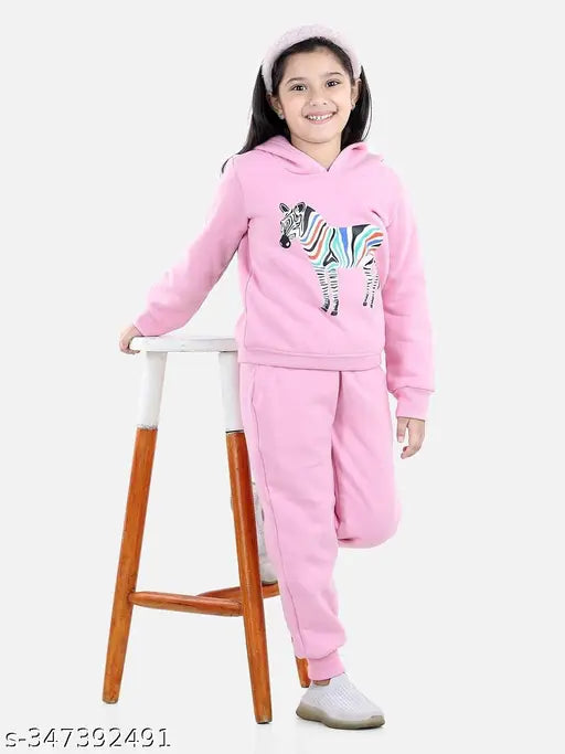 Cotton blend kids' sweatshirt/hoodie set with matching pyjamas, embroidery print in baby pink - 2-3 years size, India origin
