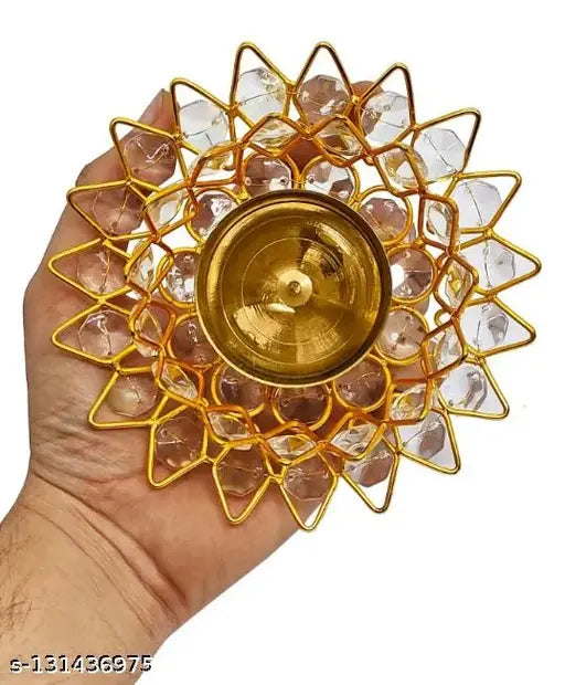 Decorative Brass Crystal Lotus Flower Shaped Akhand Diya for Puja, Home Decor, and Feng Shui. Diameter: 10cm, Height: 5cm. Traditional oil lamp with cotton wick or tea light option