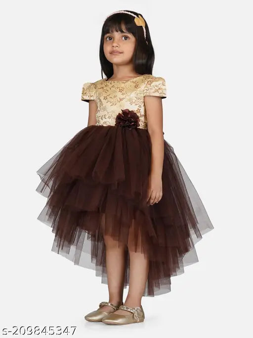 Brown net embellished hi-low dress for girls party wear, suitable for ages 1-2 years (bust size: 22in, length size: 19in), made in India