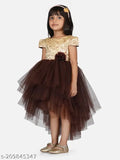 Brown net embellished hi-low dress for girls party wear, suitable for ages 1-2 years (bust size: 22in, length size: 19in), made in India
