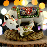 Multicolor marble dust polyresin cow & calf showpiece, symbolizing prosperity & love, Indian handicraft art decor, 8x15x8cm