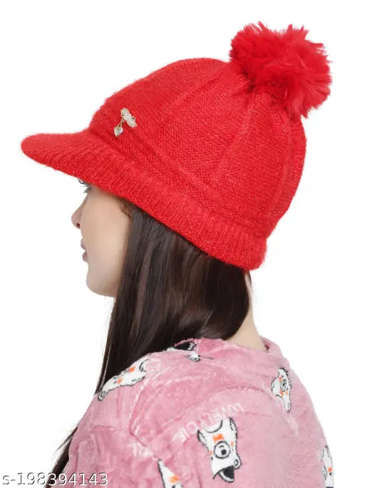 Red wool knit skull pompom cap, warm and acrylic anti-allergic, fits all adults and teens, autumn-winter essential from India