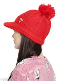 Red wool knit skull pompom cap, warm and acrylic anti-allergic, fits all adults and teens, autumn-winter essential from India