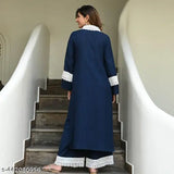 Rayon navy blue Pakistani-style Kurta and palazzos set with lace details, solid color, pack of 2 sizes available