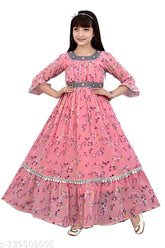Pink georgette Kids Frocks maxi dress, 3/4 sleeves, printed pattern