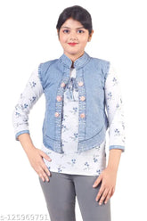 Blue denim sleeveless jacket for girls - modern self-design net pattern, perfect layering piece