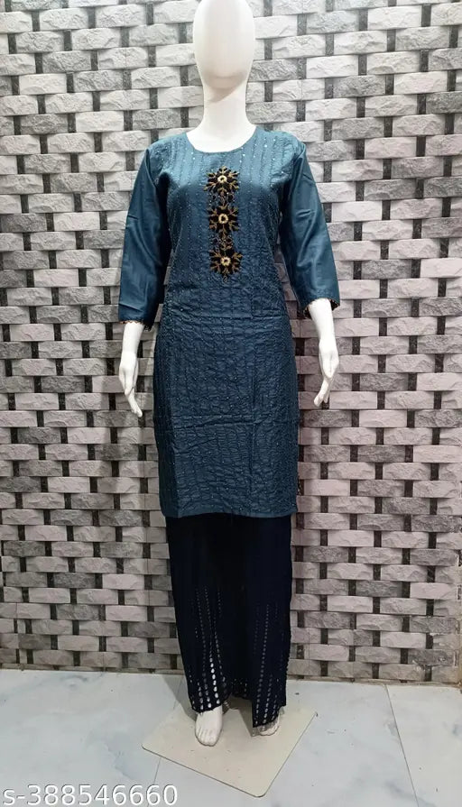 Rayon handwork Kurti, solid combo, three-quarter sleeves, Indian embroidered traditional women's clothing