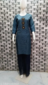 Rayon handwork kurta with sequin embroidery, solid color, three-quarter sleeves. India-made traditional women's fashion