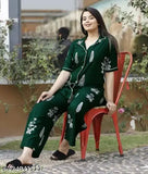 Green rayon shirt & pyjamas set - relaxed fit, printed design, machine washable - perfect for lounging - made in India