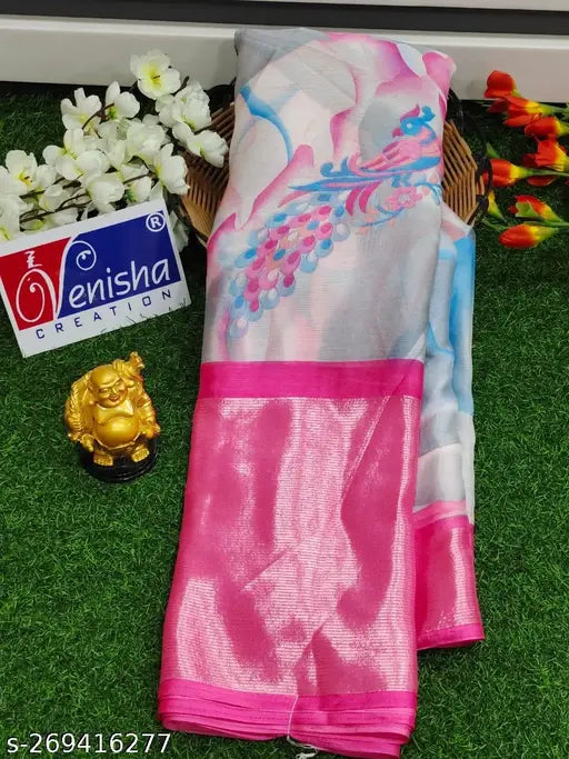 Soft Brasso Moss Chiffon Kalamkari Print 2 saree in India, premium quality and peacock border