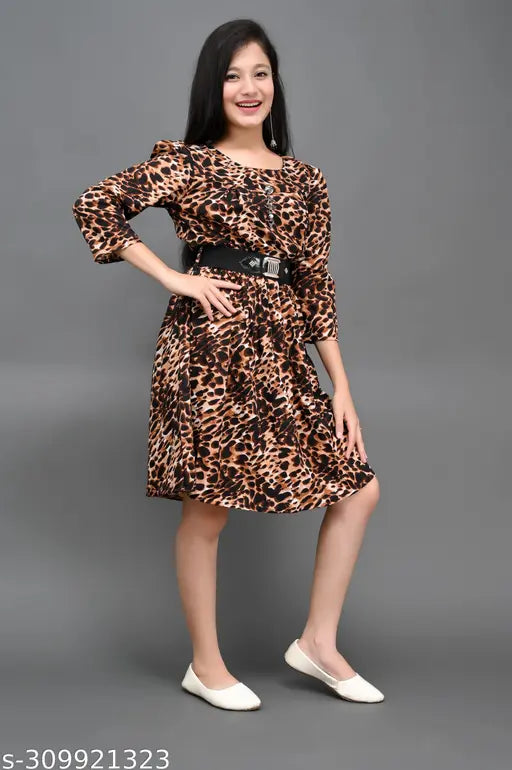 Brown tigerprint crepe fit and flare dress for girls' summer wear, ages 8-15 years