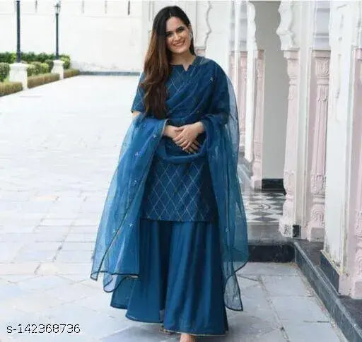 Rayon kurti sharara set with dupatta and bottomwear, checked net pattern for women's wear size S-XXL, quality assured