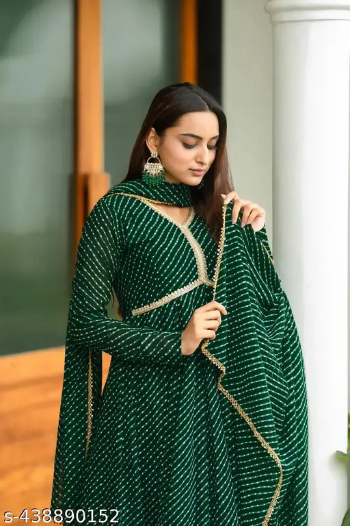 Green Georgette Anarkali Long Sleeve Kurta with Dupatta Set, traditional Indian party wear for girls and women