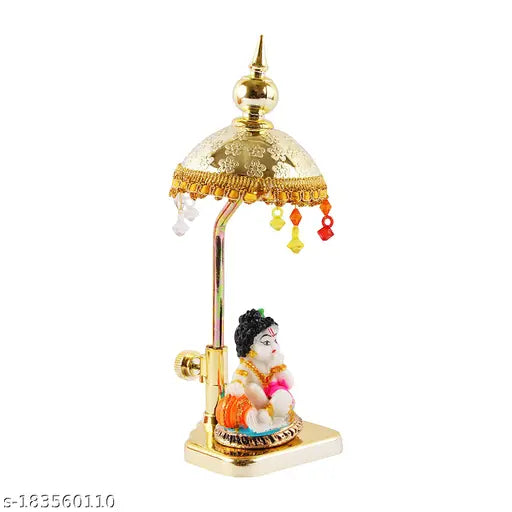 Marble & polyresin Ladu Gopal Ji with gold-plated colored umbrella - Divine Indian decor for home or office
