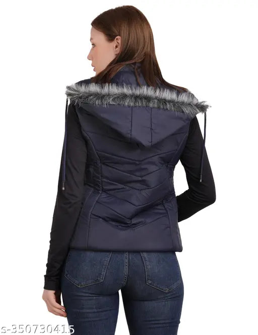 Sleeveless designer women's nylon jacket in solid pattern, perfect for working women and college girls, stylish winter wear with detachable hood and fur lining