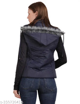 Sleeveless designer women's nylon jacket in solid pattern, perfect for working women and college girls, stylish winter wear with detachable hood and fur lining