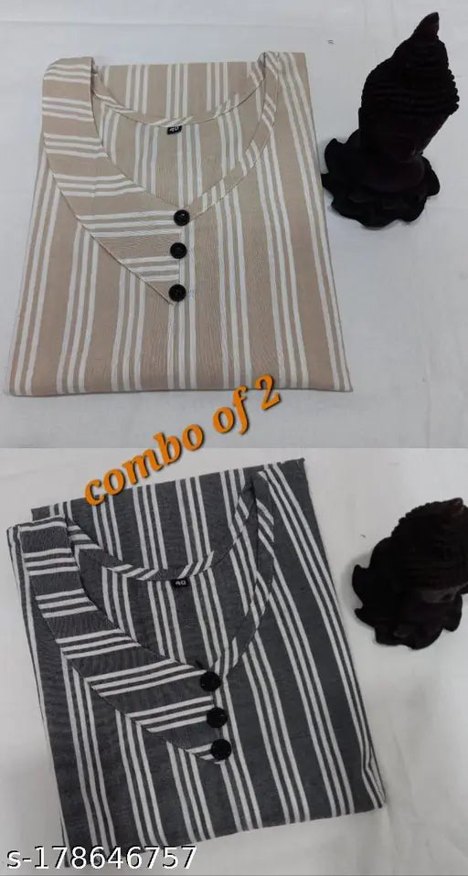 Cream and Grey Lining Striped Kurti Set (Pack of 2) - Women's Ethnic Wear in Cotton, Three-Quarter Sleeves