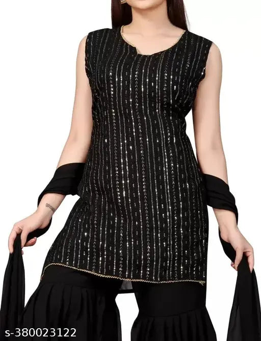 Black georgette embroidered Sharara set with dupatta and bottomwear for women. Classic, trendy ethnic wear from Maruti Enterprise, suitable for weddings and occasions. Single size available. Made in India