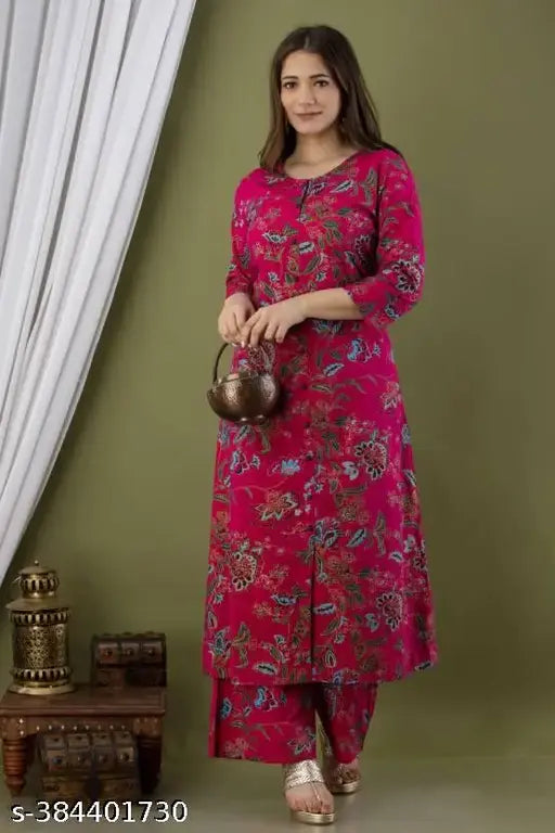 New pink viscose rayon serwani with printed net, three-quarter sleeves, and palazzos bottomwear
