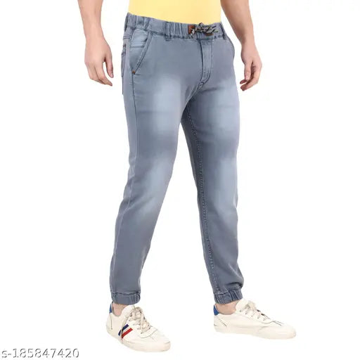 Cotton blend denim joggers for men, dyed/washed, comfortable fit for sizes 28-36, India origin
