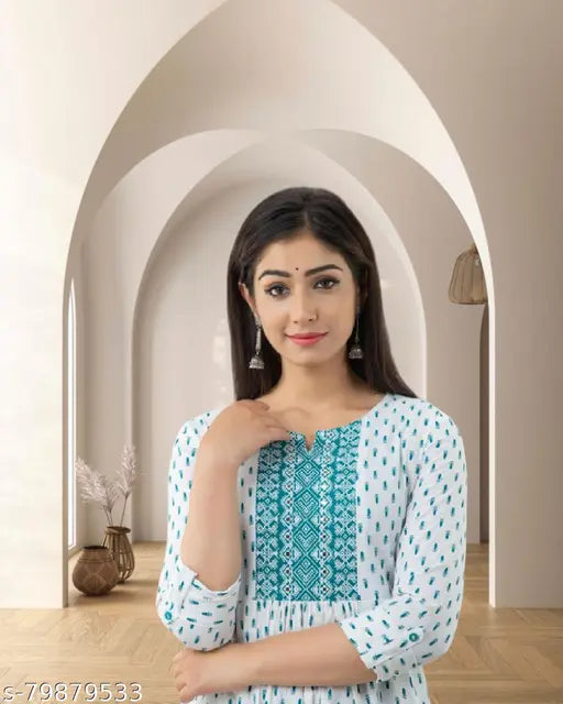 Embroidered Rayon kurti, three-quarter sleeves, Indian contemporary fashion - perfect for parties or daily wear