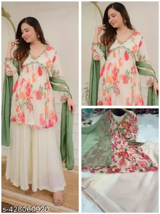 White Georgette kurta set with dupatta and palazzos, embroidered, long sleeves, Alia cut, pure printed top, mirror work, India origin