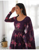 Purple georgette designer dress for women & girls with floral print and lace border, matching dupatta in same color. Heavy crepe inner, suitable for parties, weddings, casual wear. Available in sizes S-XXL, made in India