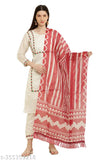 Chanderi silk Embro White Kurti with matching Palazzos and Dupatta, three-quarter sleeves, intricate gold embroidery. Traditional wear, party wear, evening wear for women. Indian made