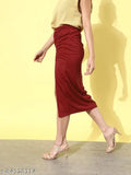 Maroon solid ruched polyester midi skirt with side slit and elastic waist, women's fashion accessory