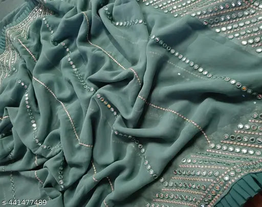 Exquisite Georgette sari with 9mm sequence & zari work pallu, complete with separate boluse in latest trending design - Indian ethnic couture for every occasion