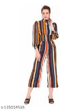 Striped crepe party jumpsuit with keyhole neck and three-quarter sleeves, India-made fashion for evening wear events