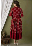 Stylish maroon rayon anarkali kurti, three-quarter sleeves, printed combo. Elegant Indian ethnic wear for dinner parties or family gatherings