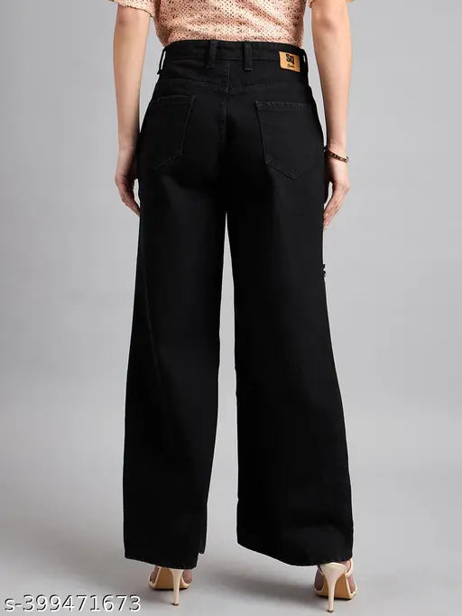 Style Quotient Women black wide leg high rise jeans, cotton net, trendy slashed knee distress, casual or vacation wear, India-made