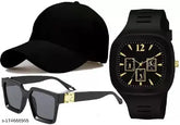 Black combo pack: 3 black baseball caps, polarized sunglasses, and analog watches for men and boys, adjustable with silicone straps, black square dials, black lenses on sunglasses