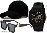 Black combo pack: 3 adjustable baseball caps, polarized sunglasses, analog watches for men and boys - India-made cotton accessories