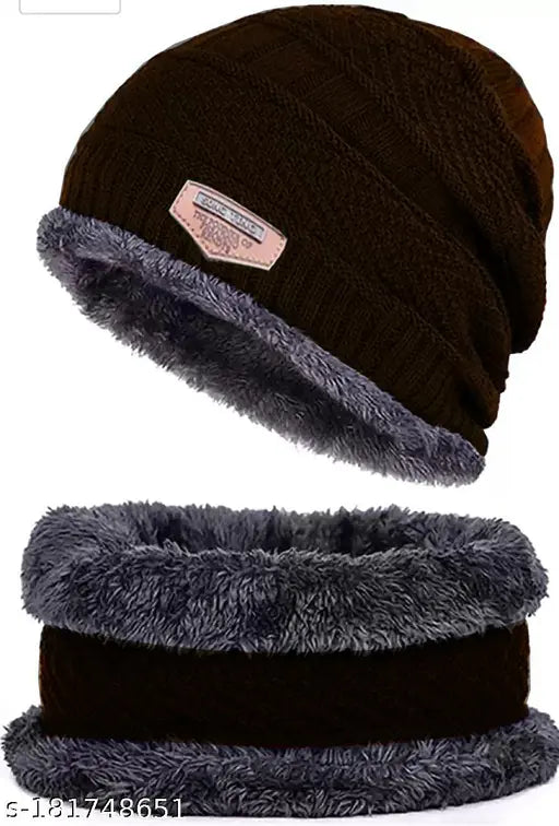 Woolen Indian winter cap set with neck muffler and knit beanie, skin-friendly 2-piece set for women - perfect for snowy outdoor activities and daily wear. Modern, comfortable, and stylish design from India